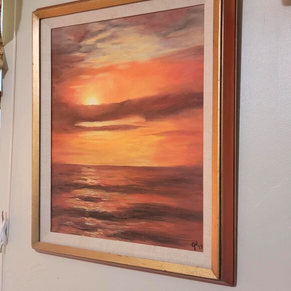 VTG 1973 Ocean Sunset Sea Landscape Oil Painting Frame 21 1/2" x 24 1/2" Red Sky - Picture 7 of 16